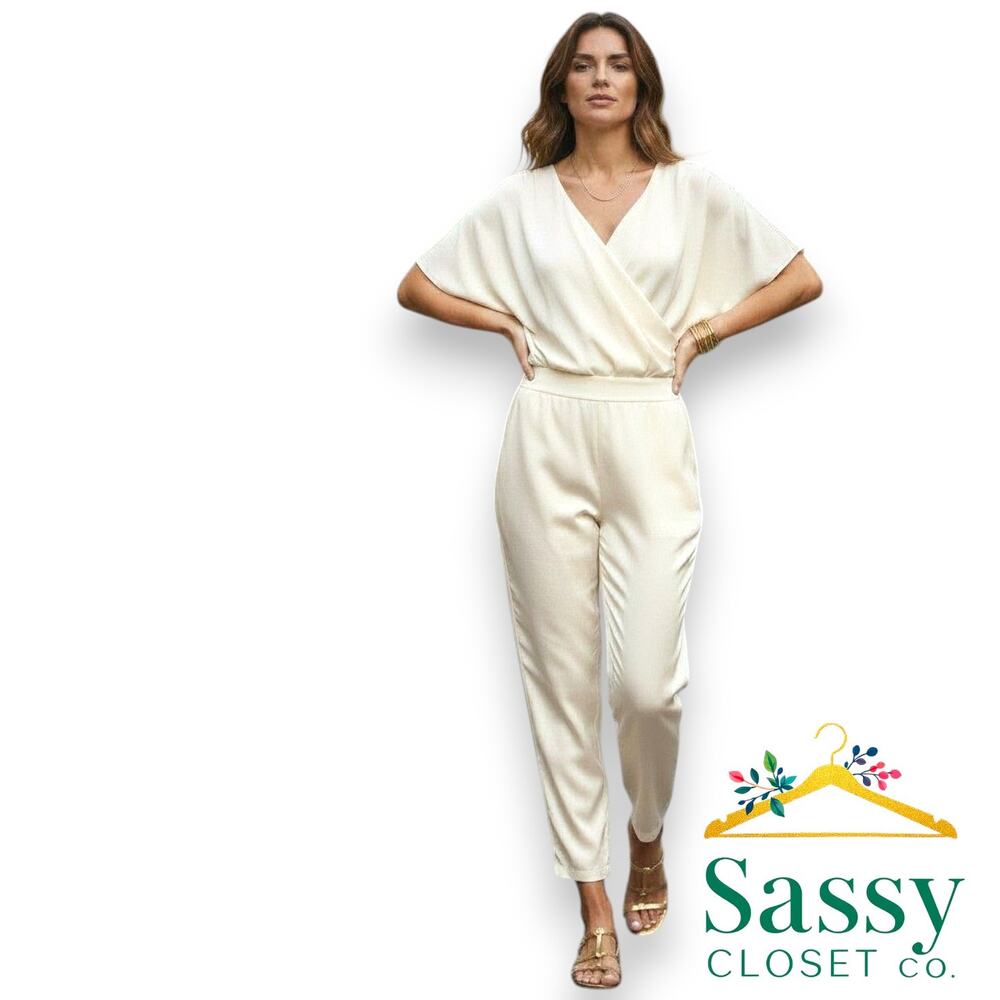 Josephine Chaus Sport 100% Silk Pants S EUC Off White Flat Front Cream